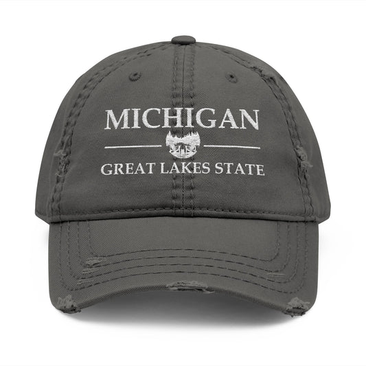 Gray cap with 'Michigan Great Lakes State' text  embroidered in white thread