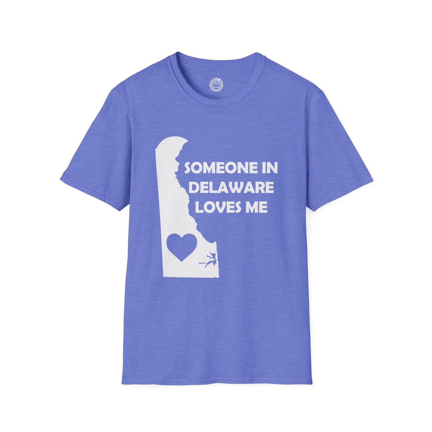 Purple t-shirt with a graphic of Delaware and text 'Someone in Delaware loves me' on a white background