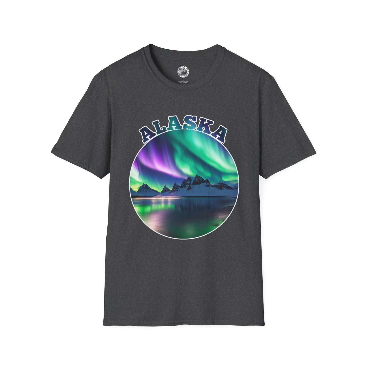 Black t-shirt with Alaska graphic design featuring Northern Lights over a lake on a white background