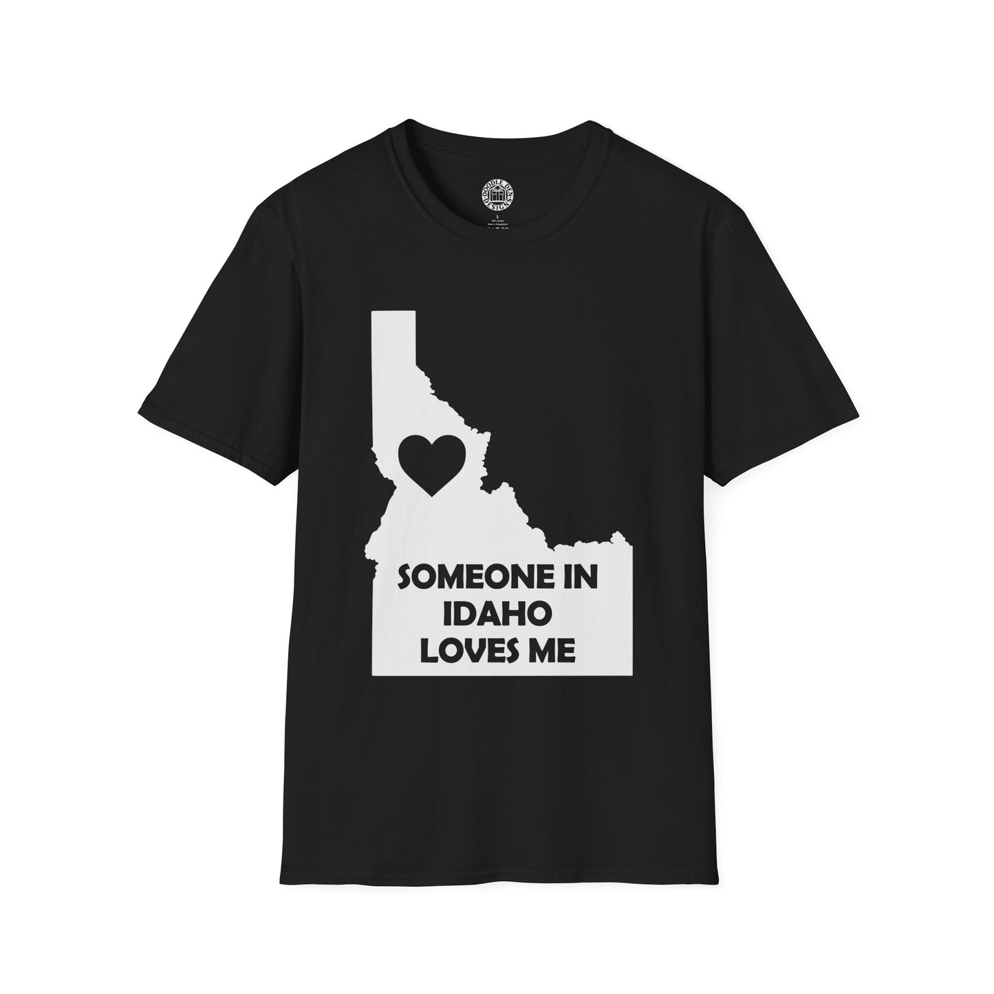 Black t-shirt with Idaho map and heart design on a white background