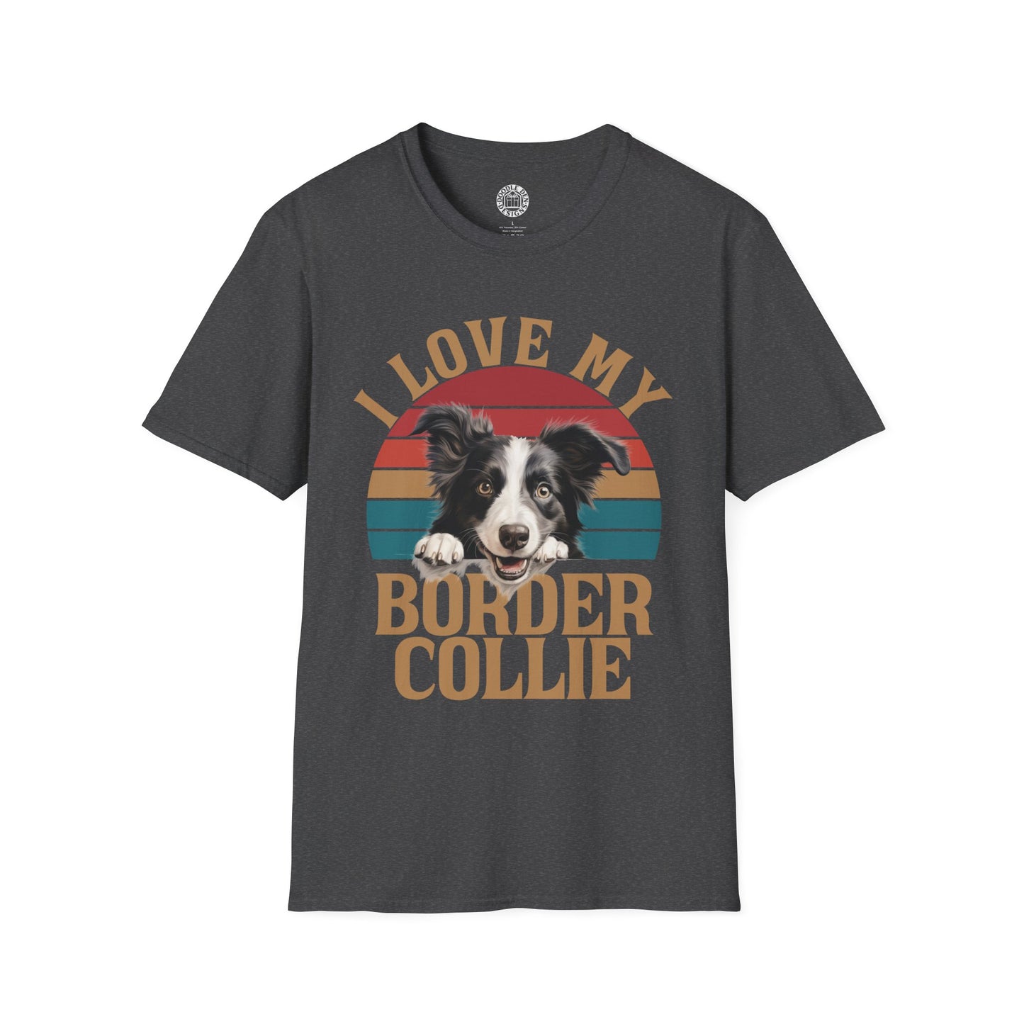 Dark gray t-shirt with a graphic of a border collie and text 'I Love My Border Collie' on a white background