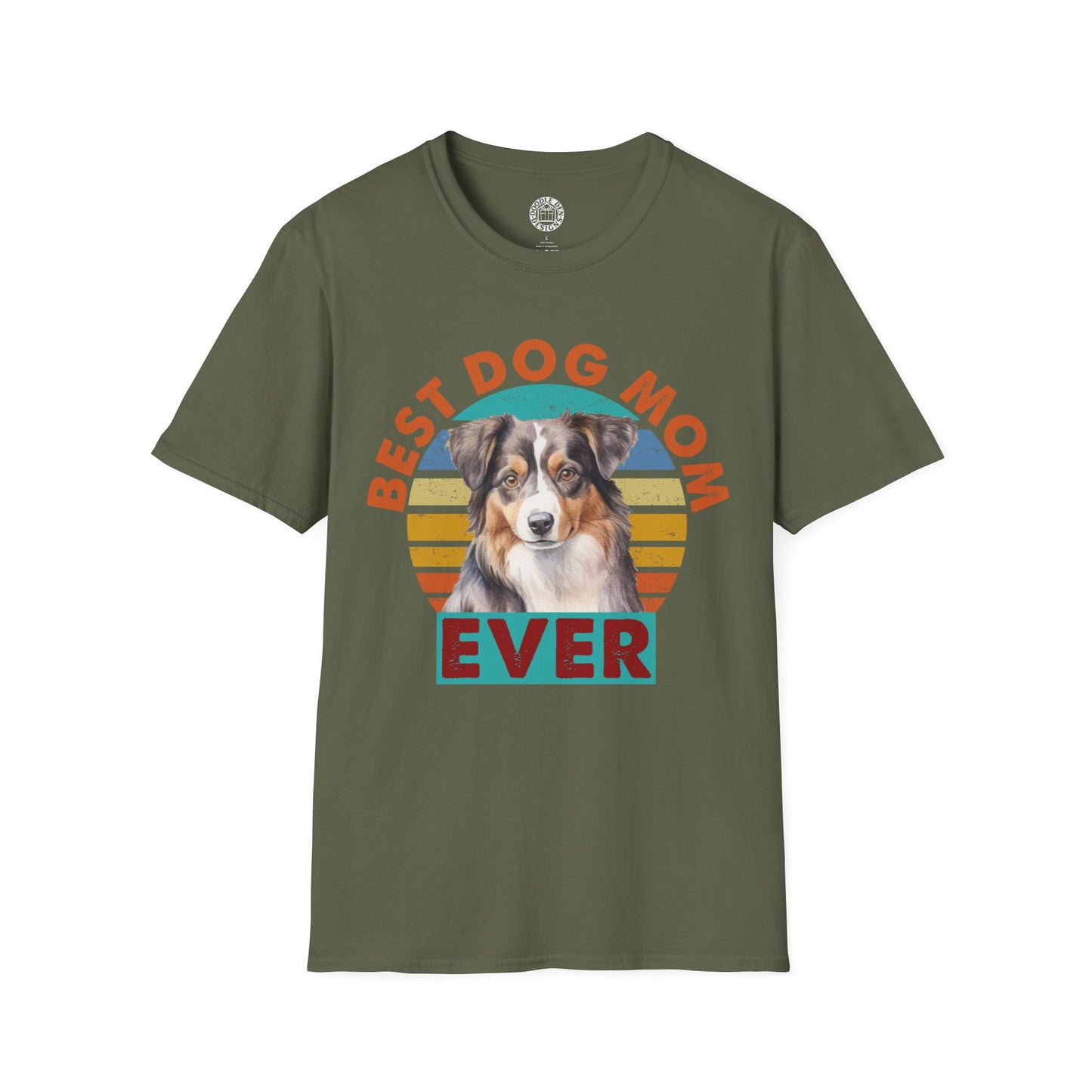 Green t-shirt with a Australian Shepherd dog graphic and 'Best Dog Mom Ever' text on a white background