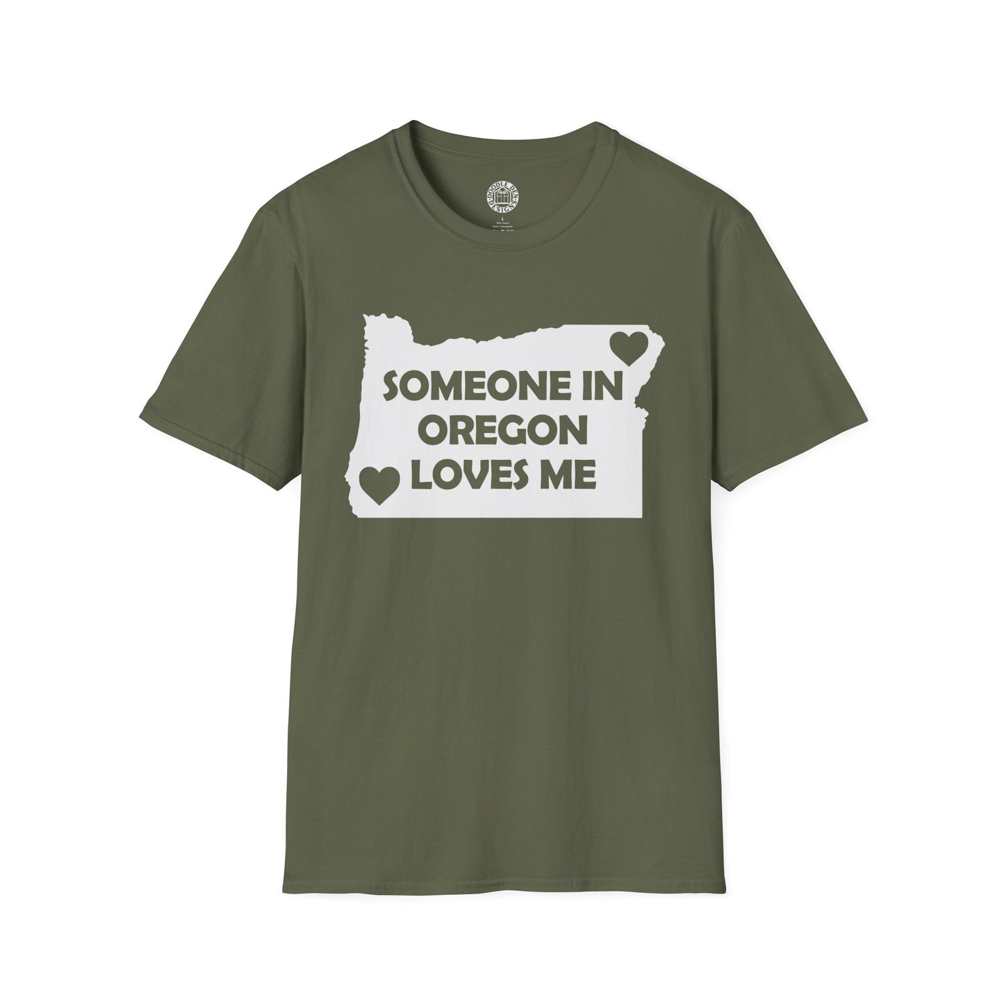 Green t-shirt with 'Someone in Oregon loves me' design on a white background