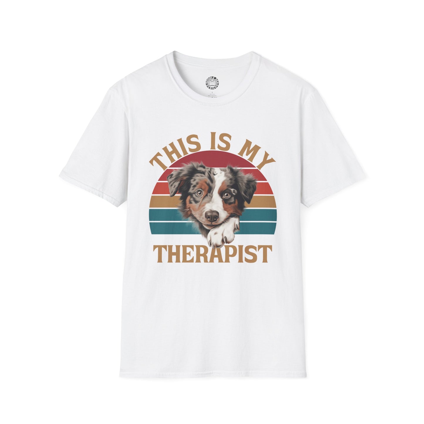 White t-shirt with a Australian Shepherd dog graphic and 'This is my therapist' text on a white background