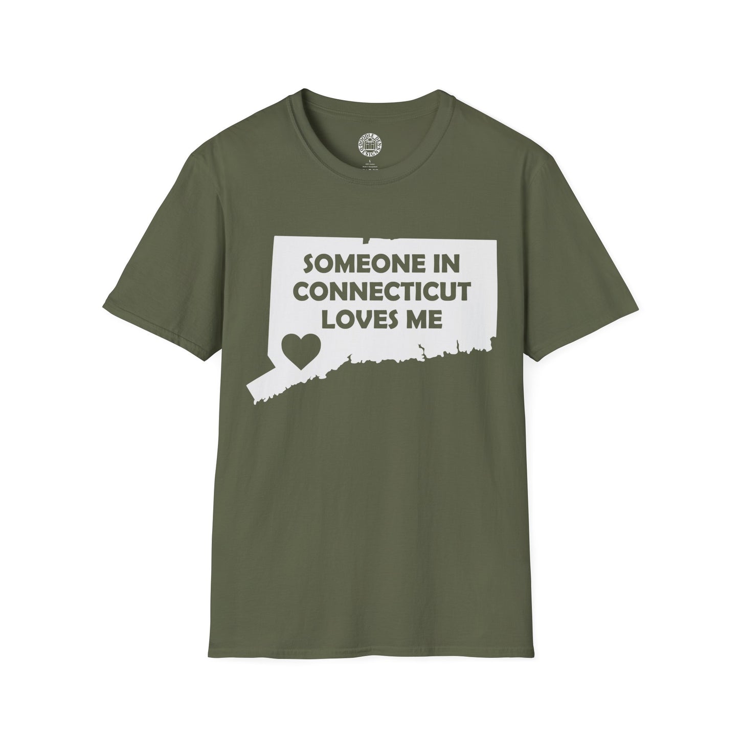 Green t-shirt with 'Someone in Connecticut loves me' graphic on a white background