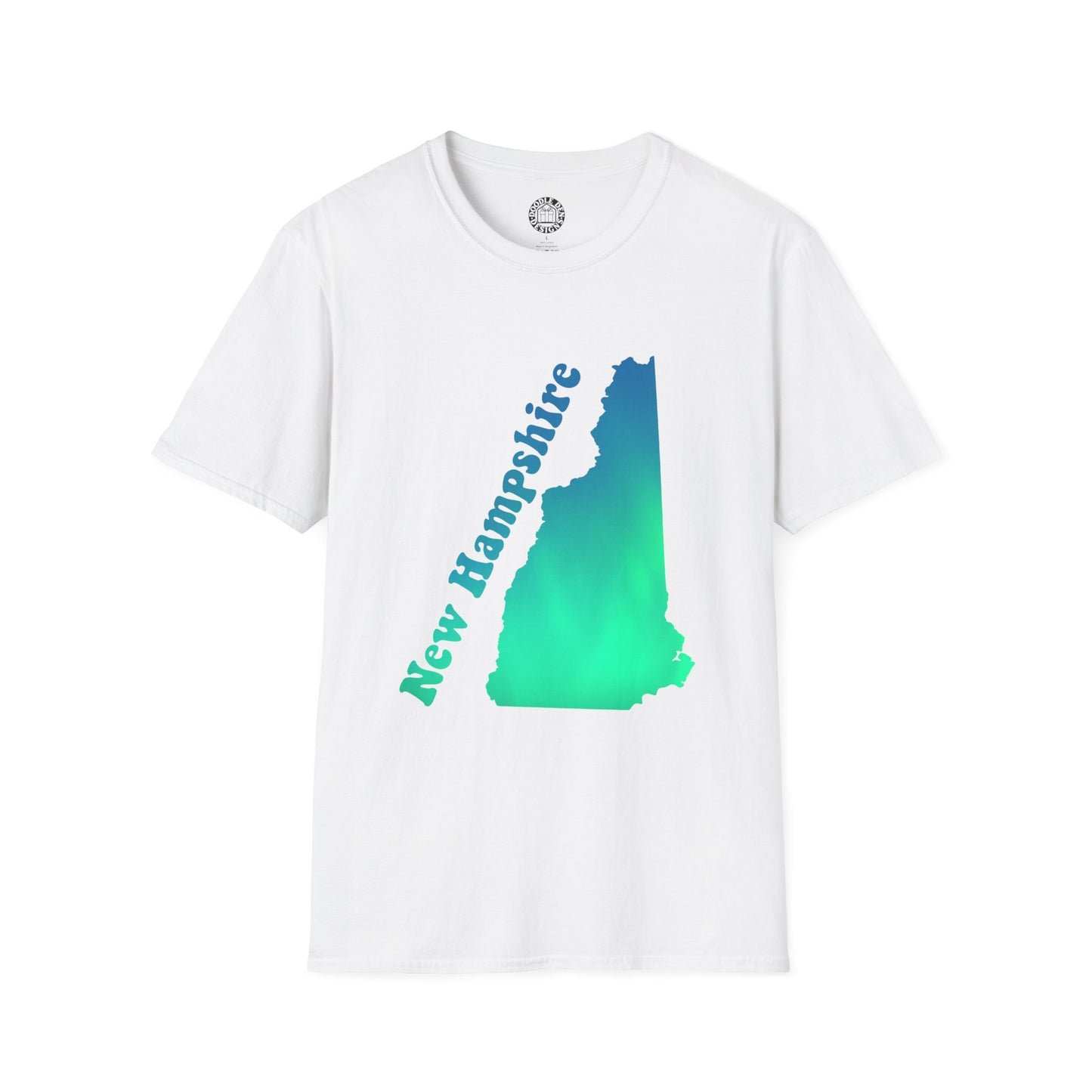 White t-shirt with a gradient map of New Hampshire and 'New Hampshire' text on a white background