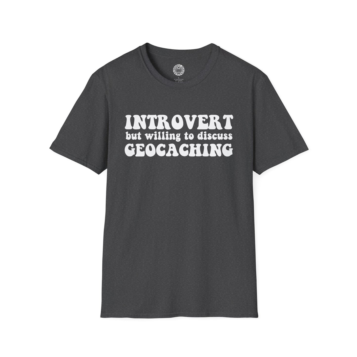 Gray t-shirt with white text 'Introvert but willing to discuss Geocaching' on a white background