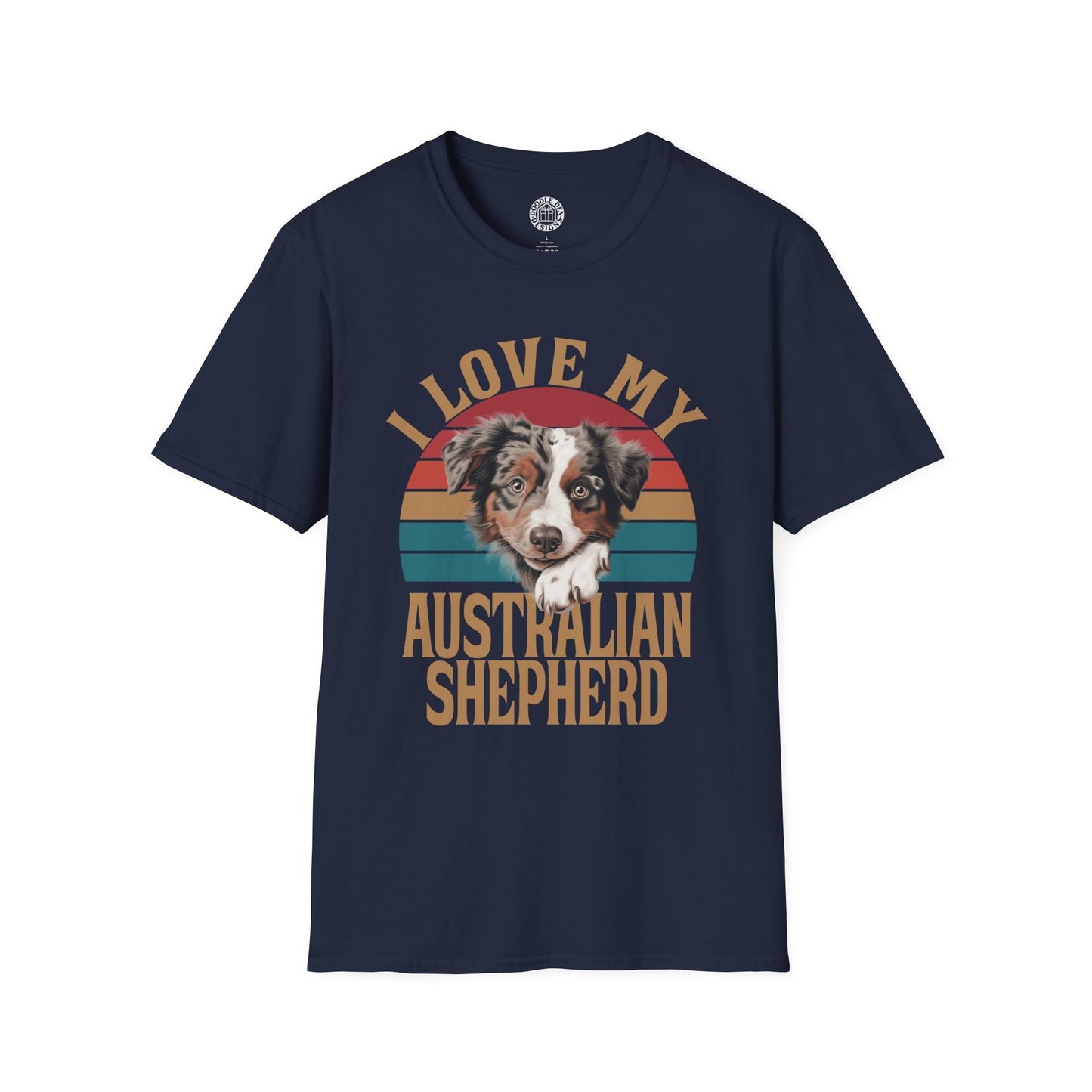 Navy blue t-shirt with an Australian Shepherd graphic and text on a white background