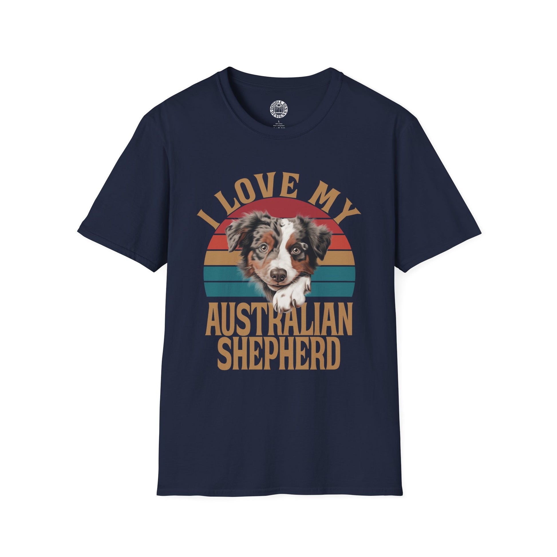 Navy blue t-shirt with an Australian Shepherd graphic and text on a white background