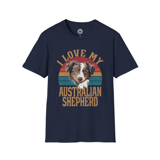 Navy blue t-shirt with an Australian Shepherd graphic and text on a white background