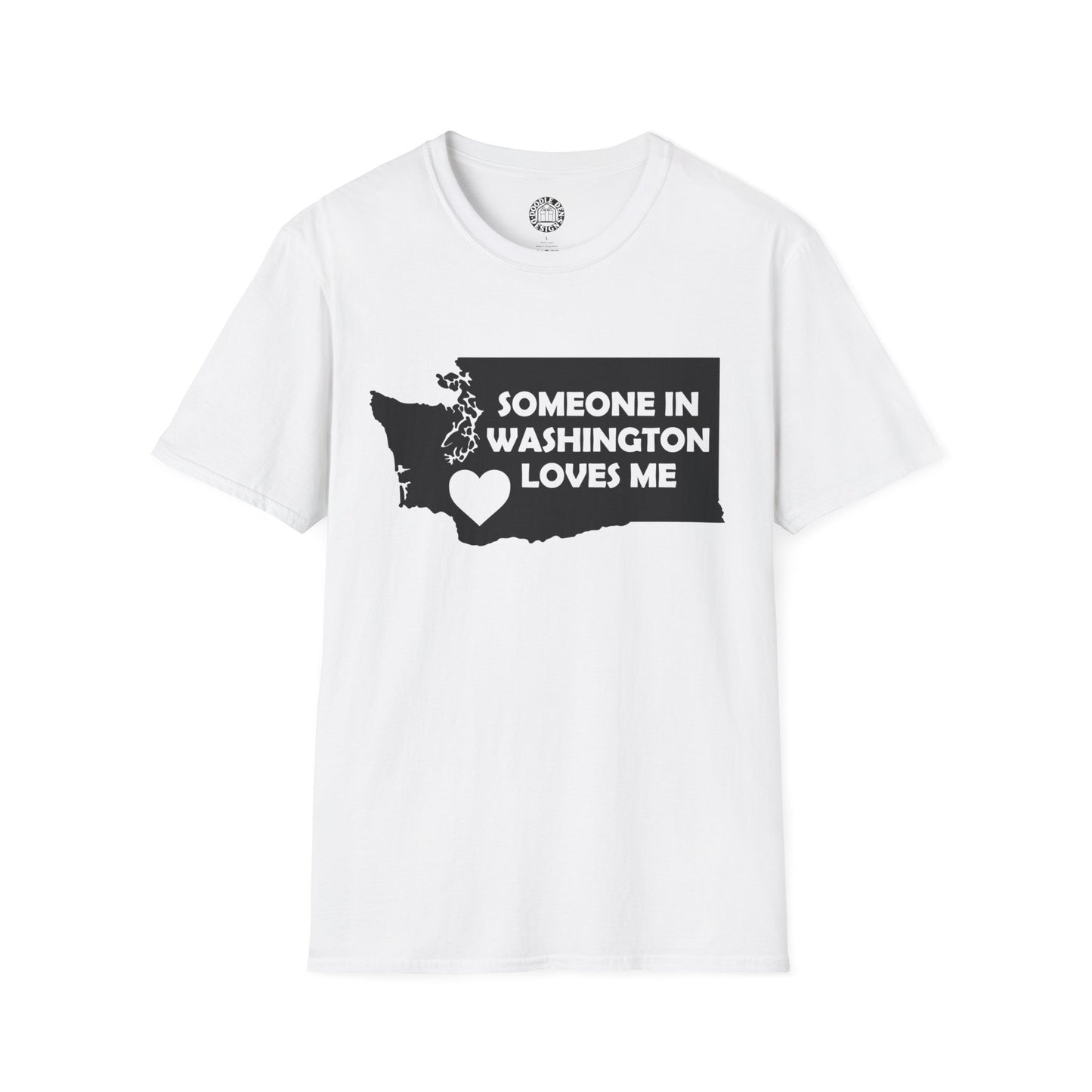 White t-shirt with black graphic and text 'Someone in Washington loves me' on a white background