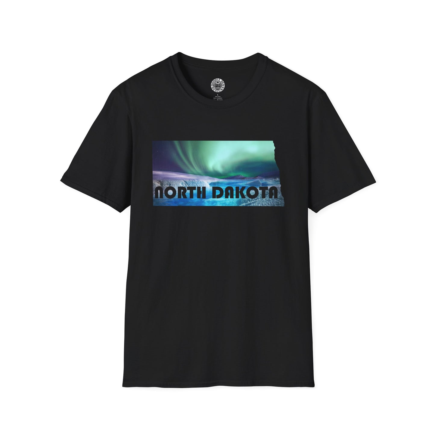 Black t-shirt with a graphic of North Dakota and a green sky on a white background