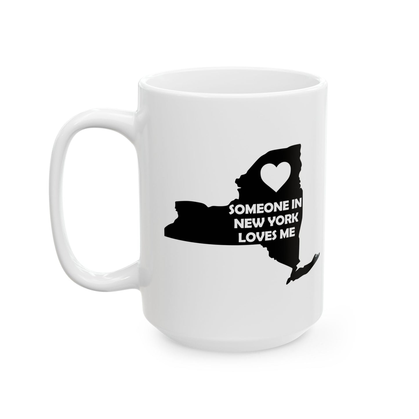 White mug with black silhouette of New York state and text 'Someone in New York loves me' on a white background