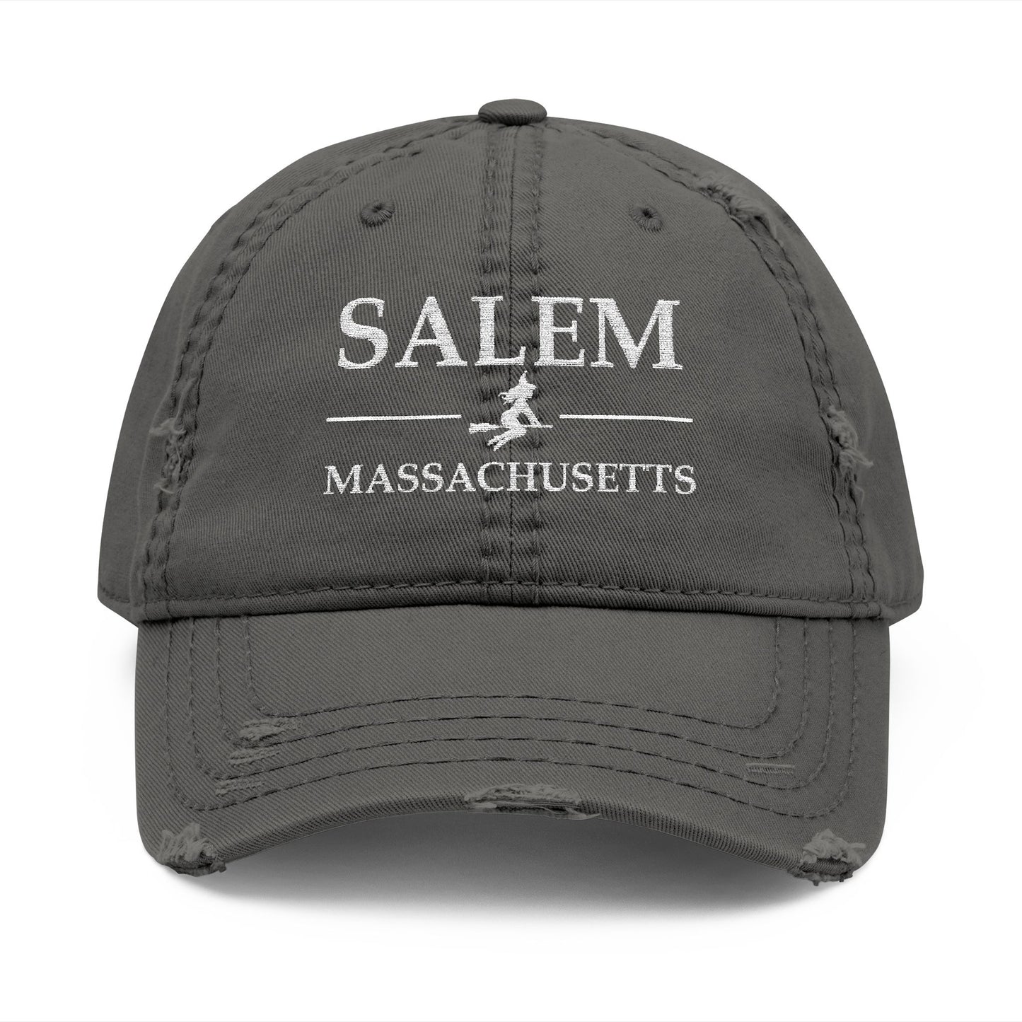 Gray cap with 'Salem Massachusetts' text  embroidered in white thread