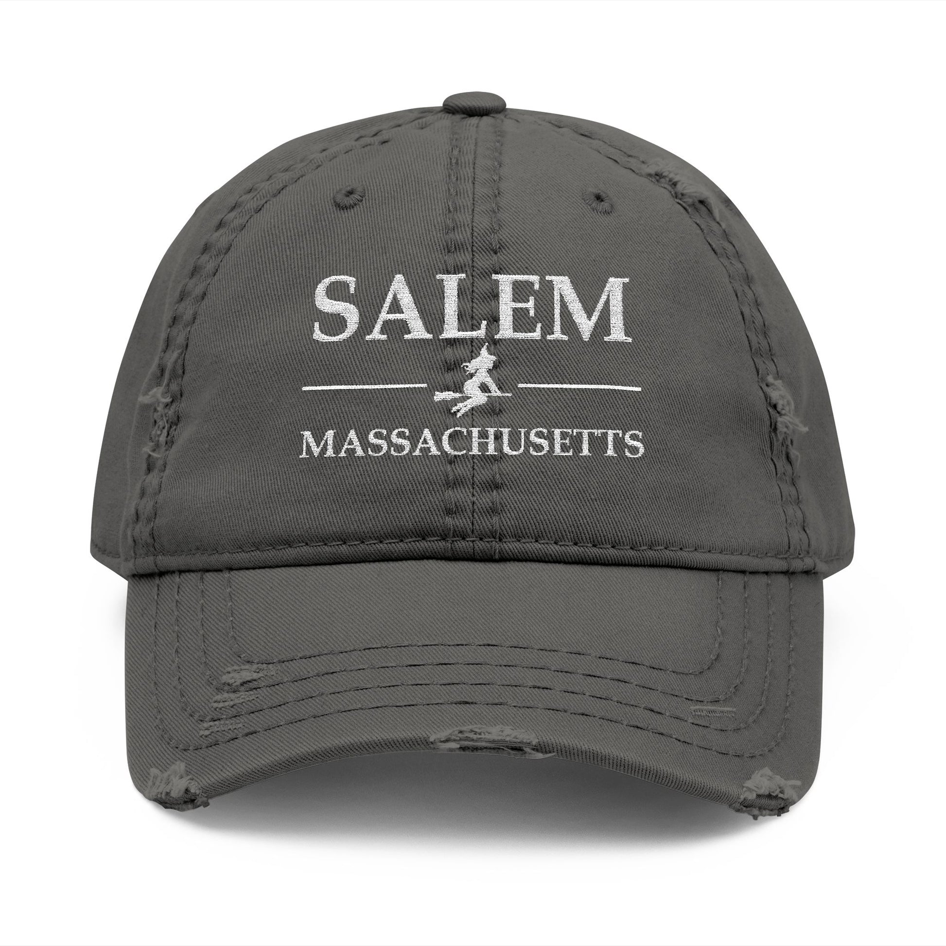 Gray cap with 'Salem Massachusetts' text  embroidered in white thread
