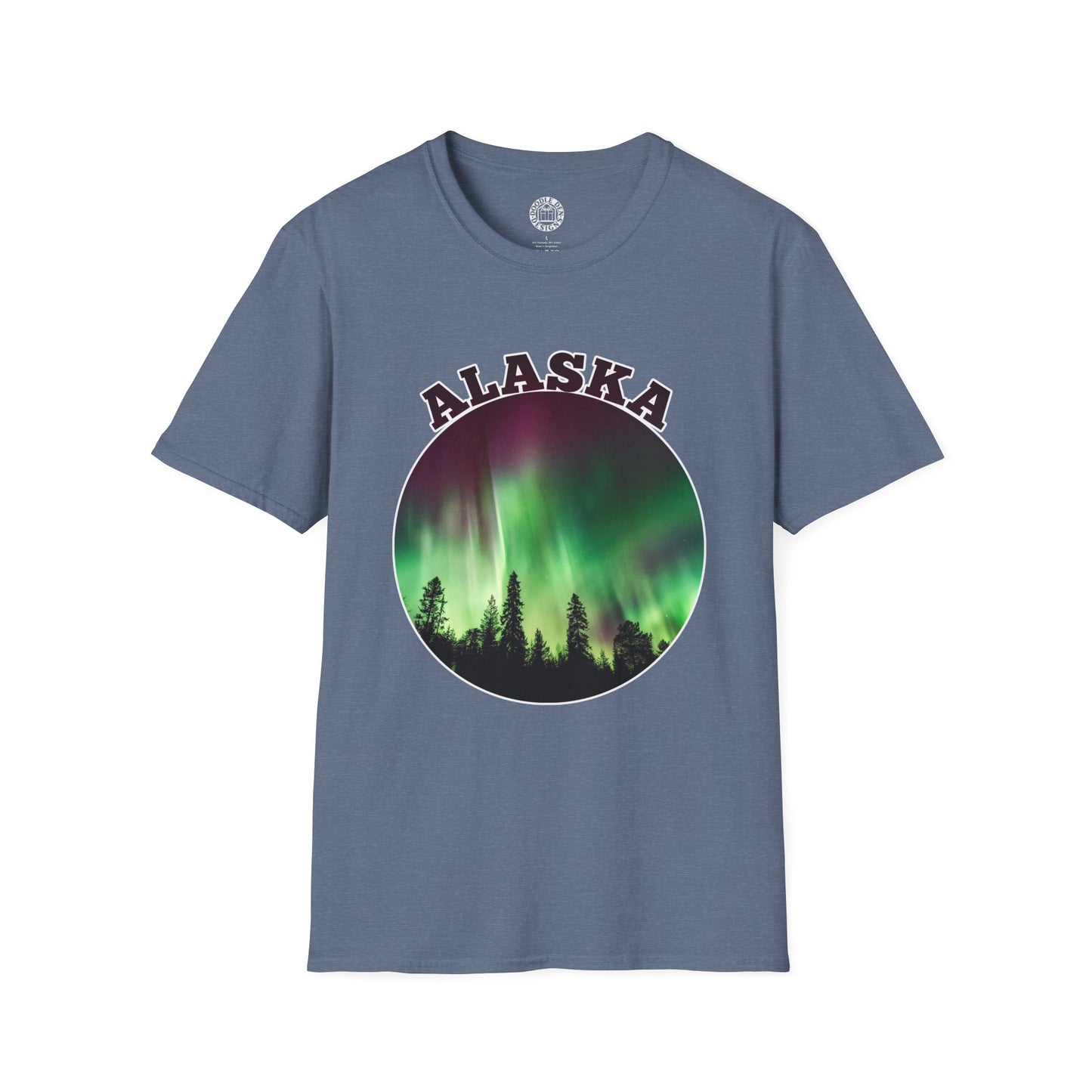 Blue t-shirt with 'Alaska' and Northern Lights design on a white background