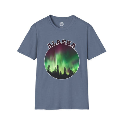 Blue t-shirt with 'Alaska' and Northern Lights design on a white background