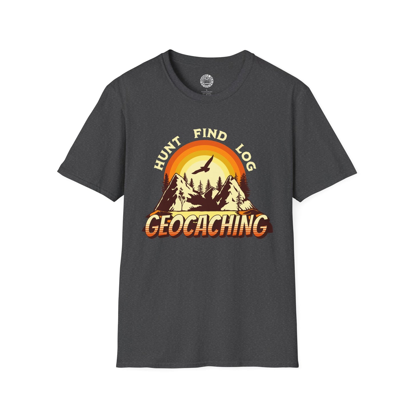Dark gray t-shirt with geocaching graphic and text on a white background