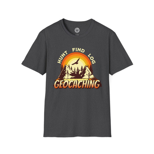 Dark gray t-shirt with geocaching graphic and text on a white background