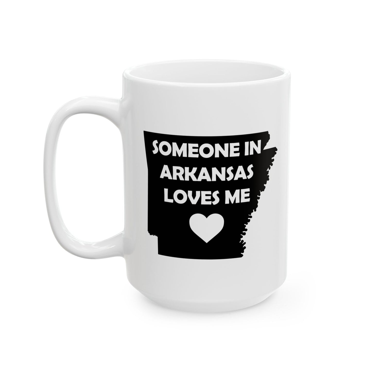 White mug with black text and heart design on a white background