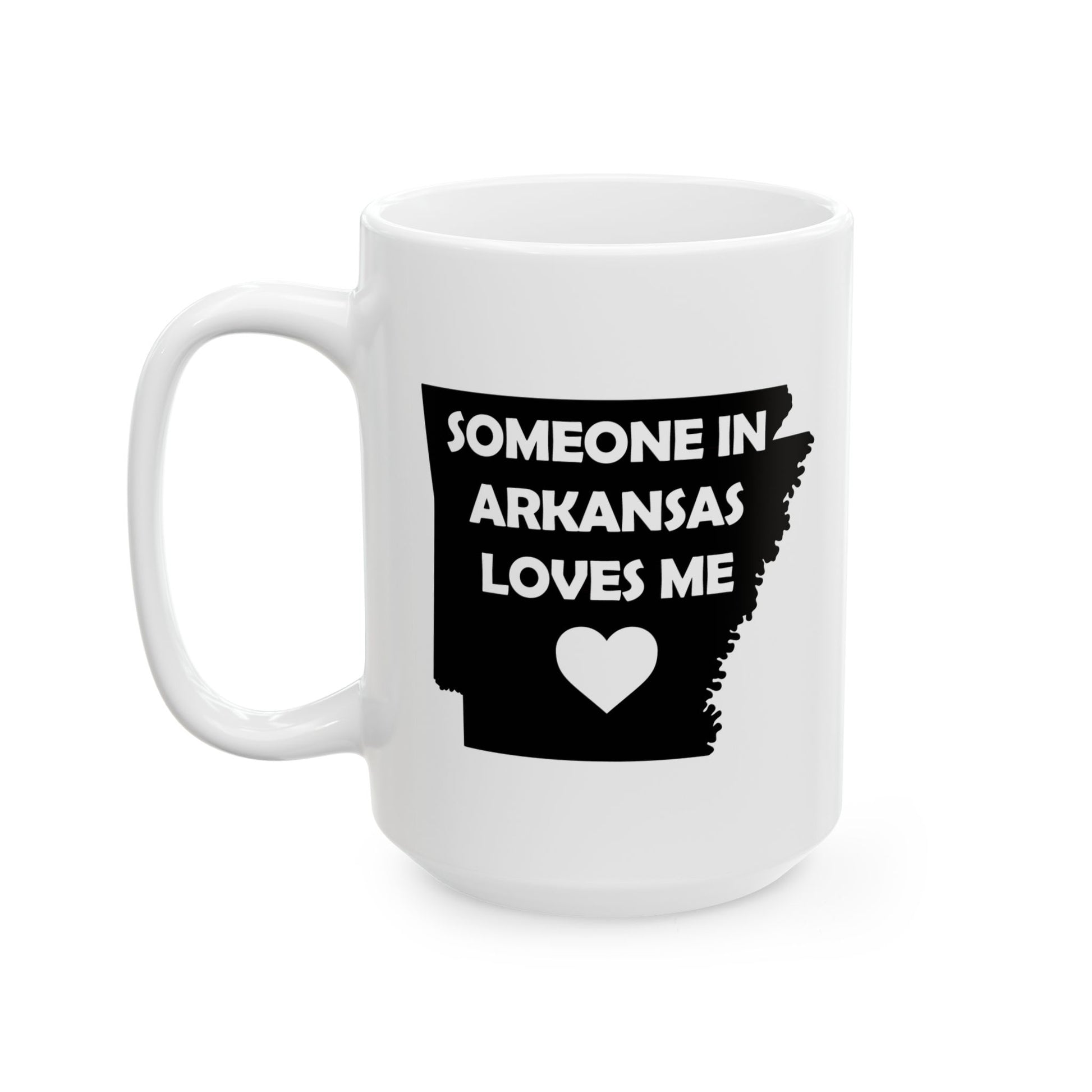 White mug with black text and heart design on a white background