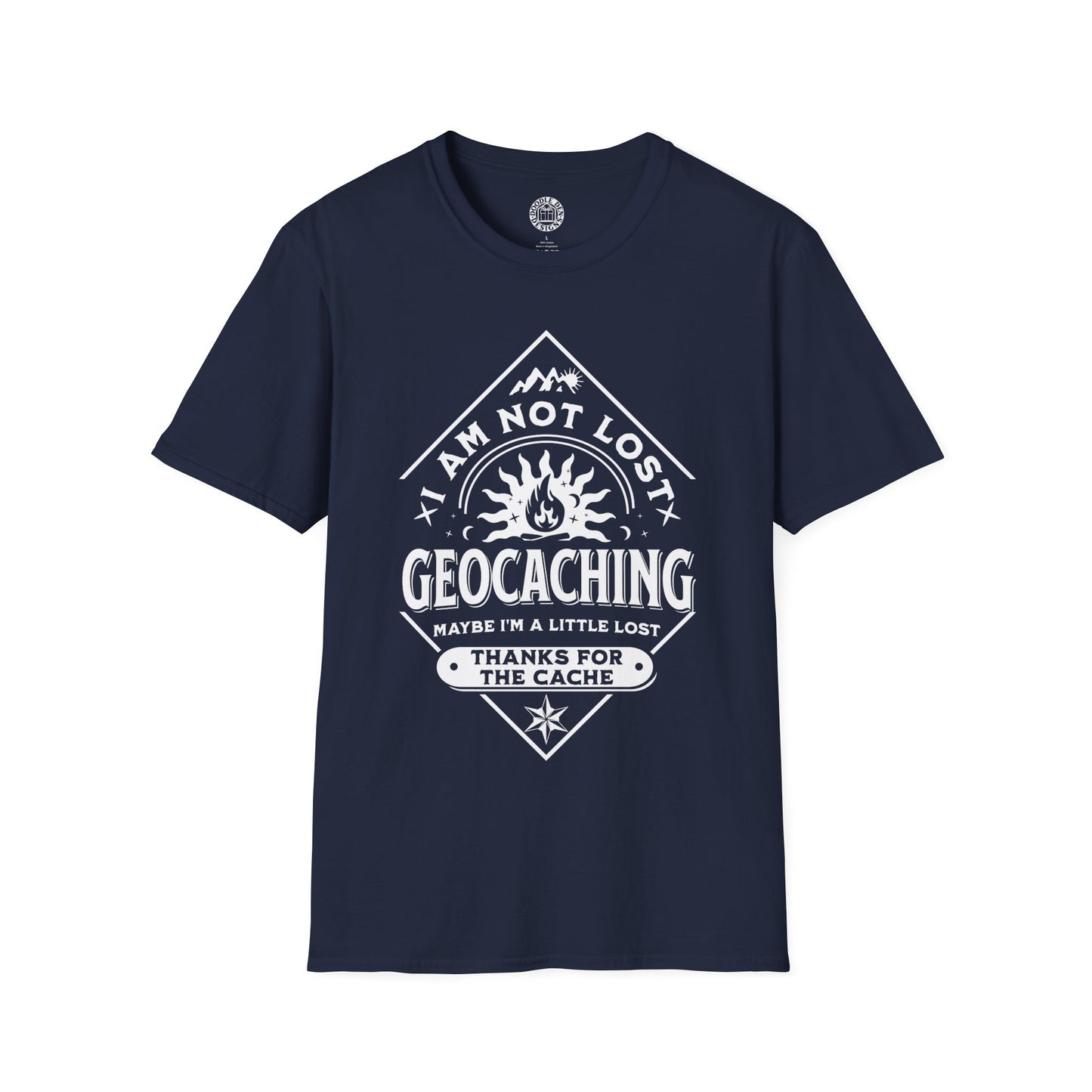 Navy blue t-shirt with white geocaching graphic and text on a white background