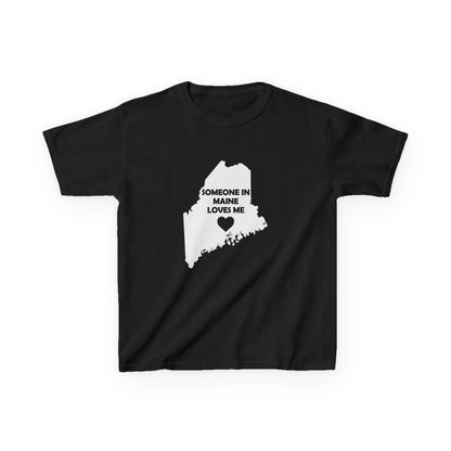 Black t-shirt with white graphic and text 'Someone in Maine loves me' on a white background
