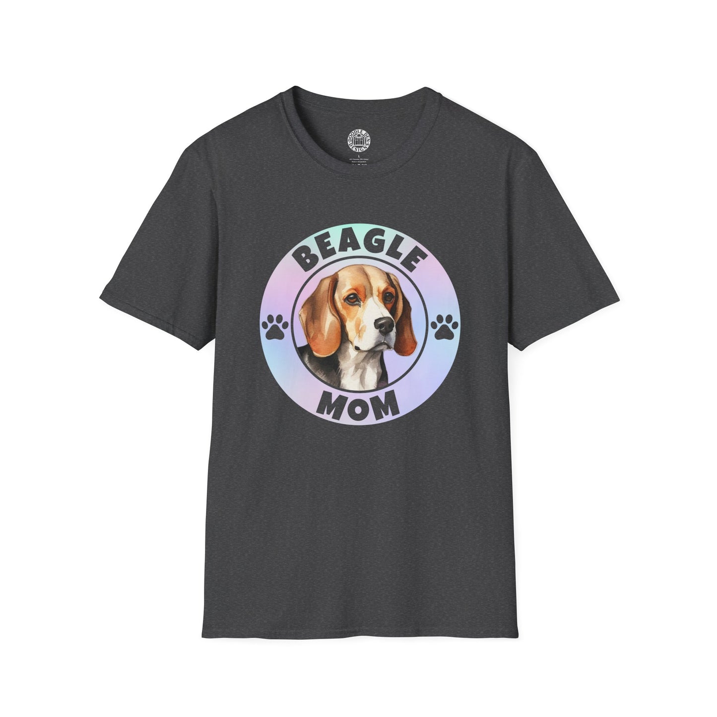 Black t-shirt with a beagle graphic and 'Beagle Mom' text on a white background