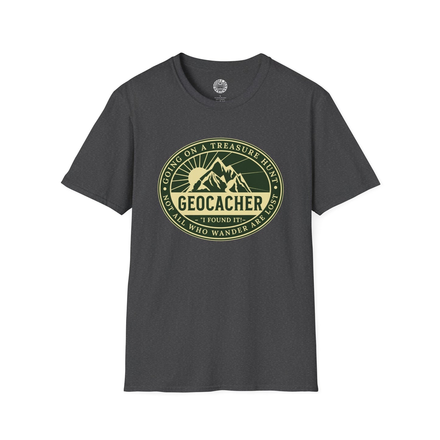 Gray t-shirt with geocacher graphic and text on a white background