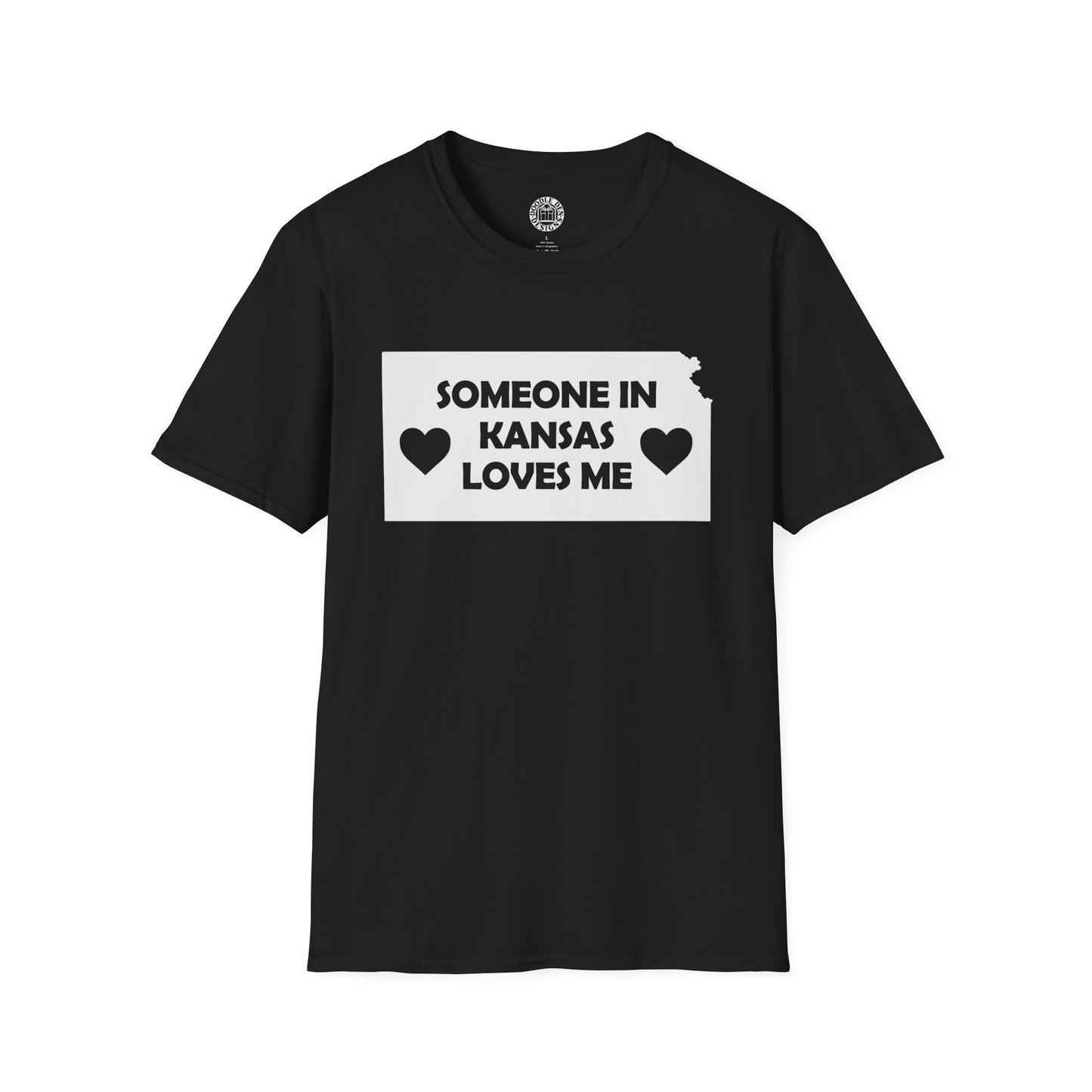 Black t-shirt with 'Someone in Kansas loves me' text on a white background