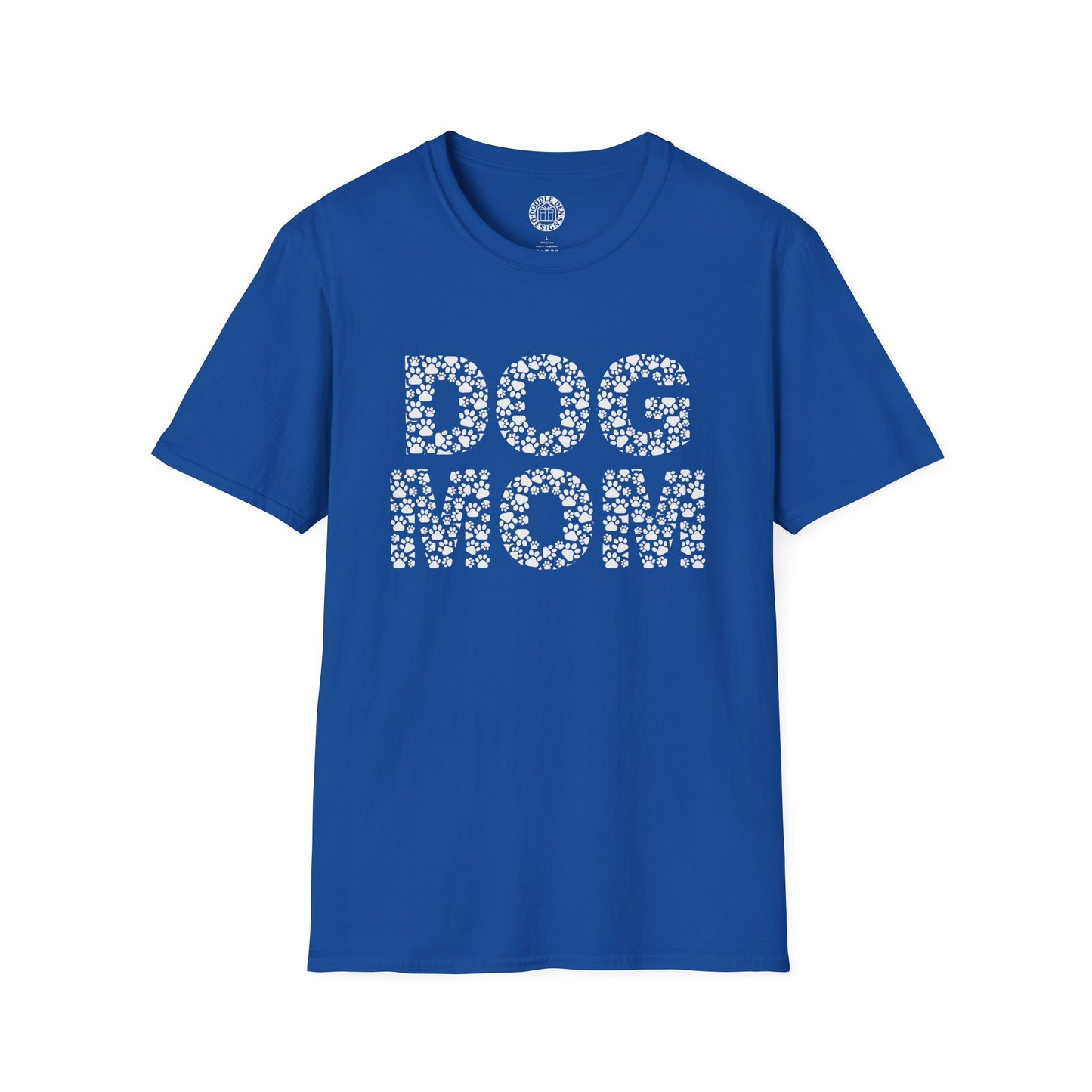 Blue t-shirt with 'DOG MOM' text on a white background