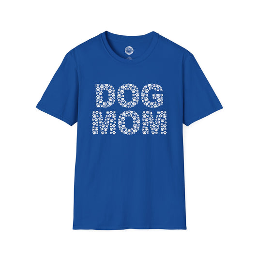 Blue t-shirt with 'DOG MOM' text on a white background