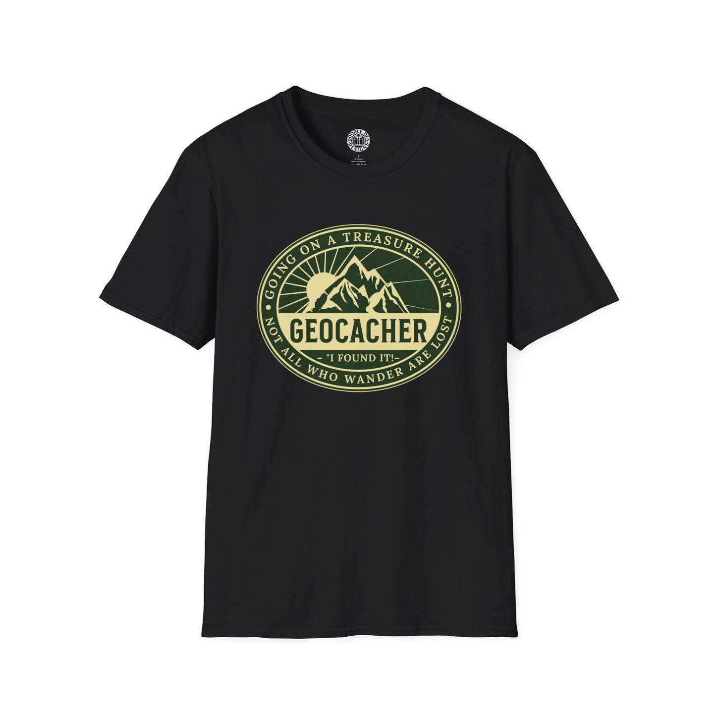 Black t-shirt with a geocacher graphic and text on a white background