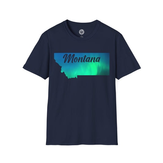 Navy blue t-shirt with a teal and blue gradient map of Montana and 'Montana' text on a white background.