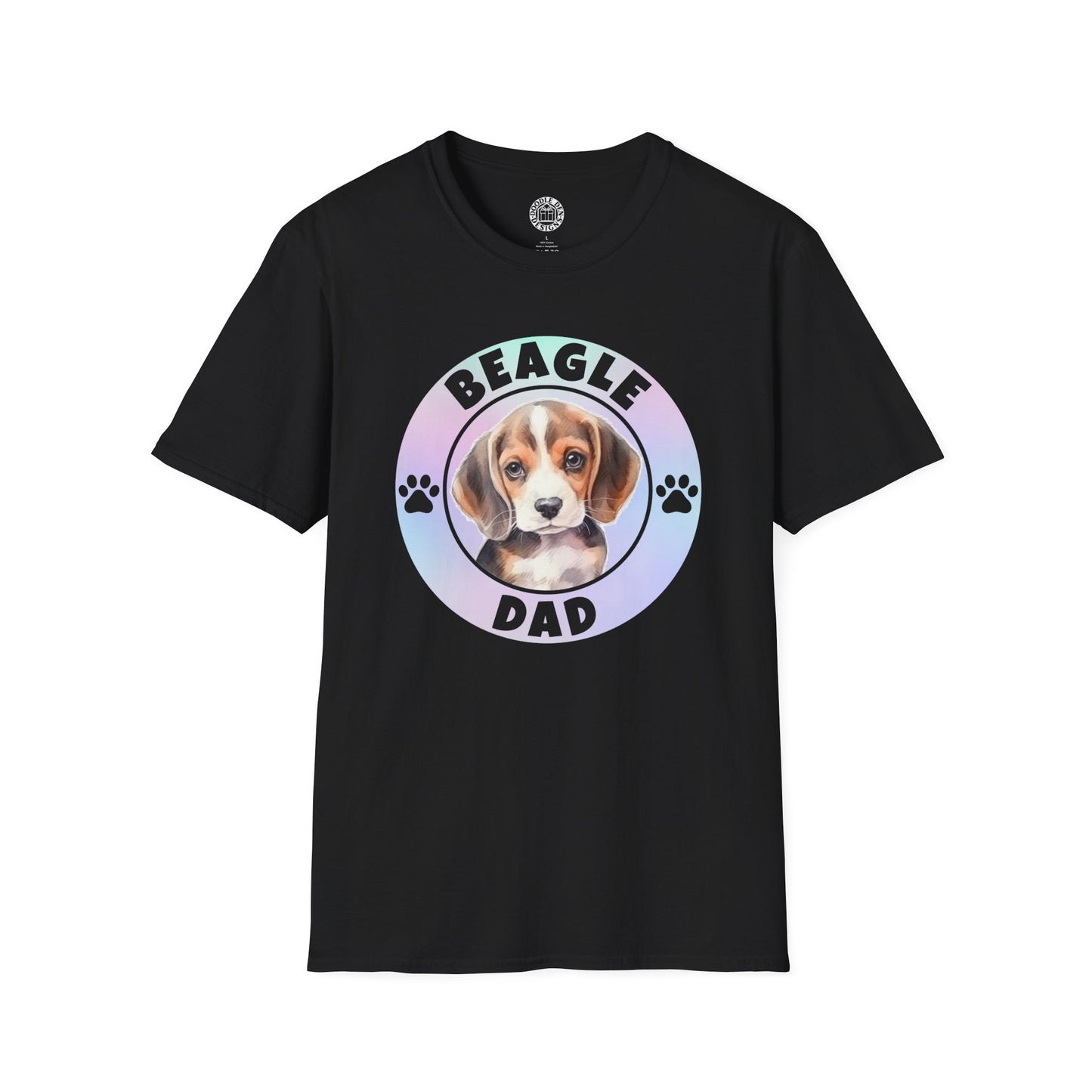 Black t-shirt with a beagle graphic and 'Beagle Dad' text on a white background