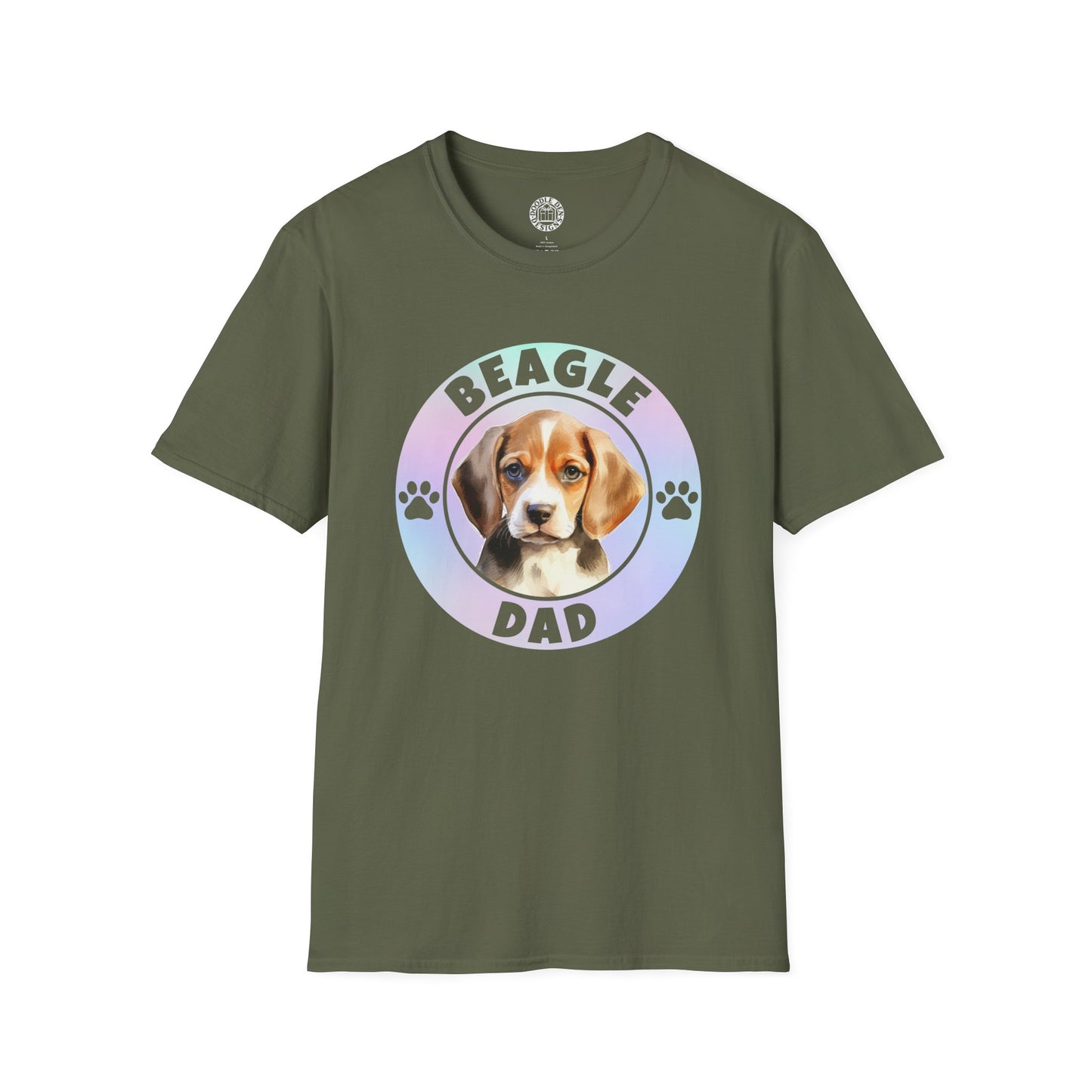 Green t-shirt with a beagle graphic and 'Beagle Dad' text on a white background