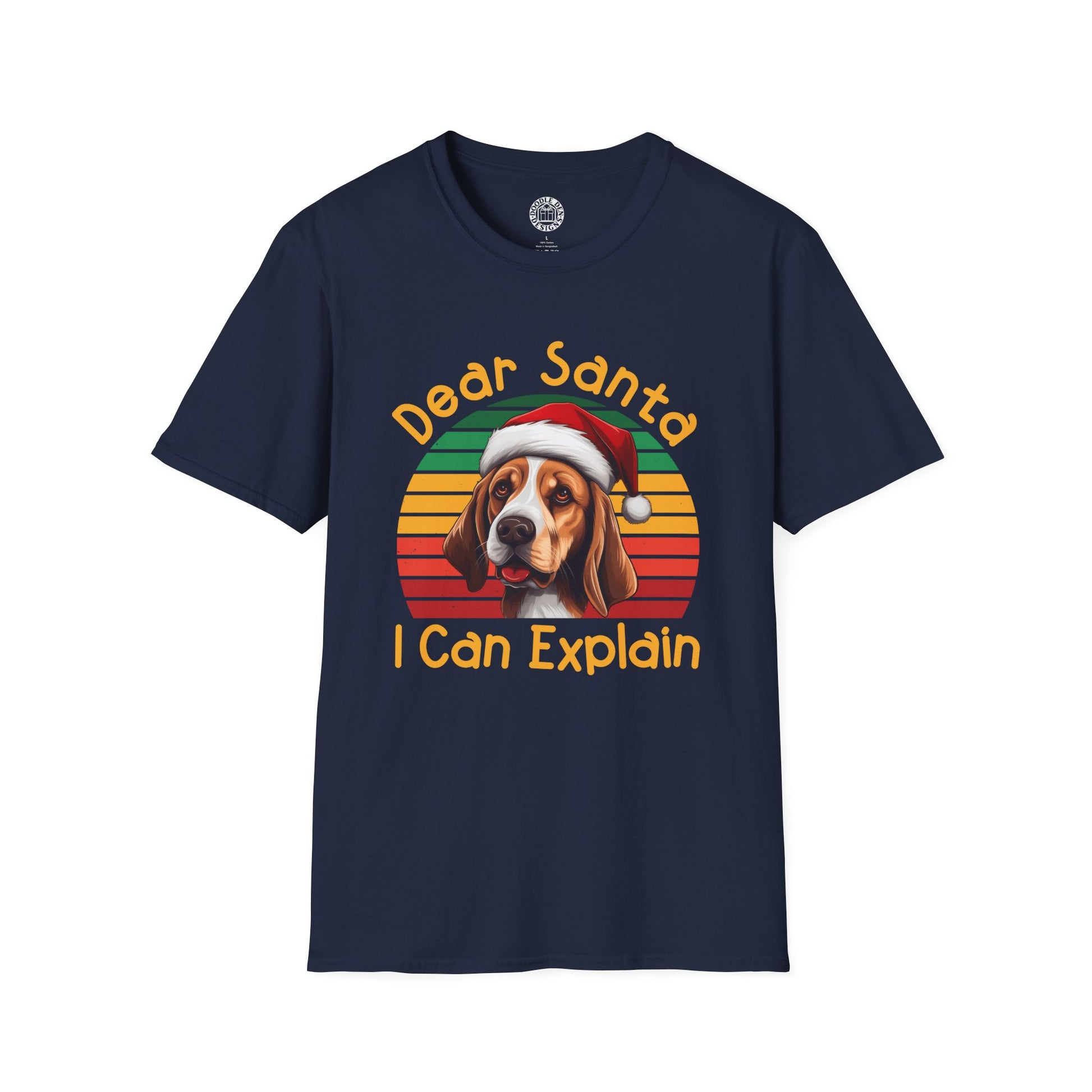 Navy blue t-shirt with a beagle dog wearing a Santa hat and text 'Dear Santa I Can Explain' on a white background