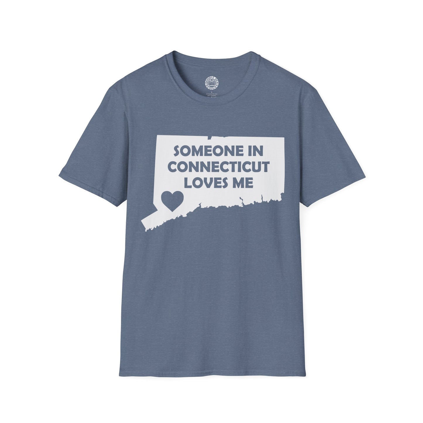 Blue t-shirt with 'Someone in Connecticut loves me' graphic on a white background