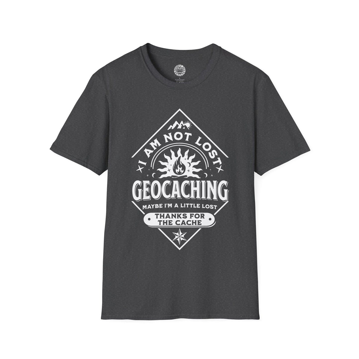 Black t-shirt with white geocaching graphic and text on a white background