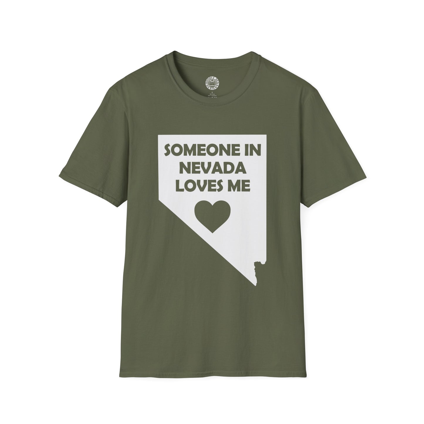 Green t-shirt with 'Someone in Nevada loves me' design on a white background