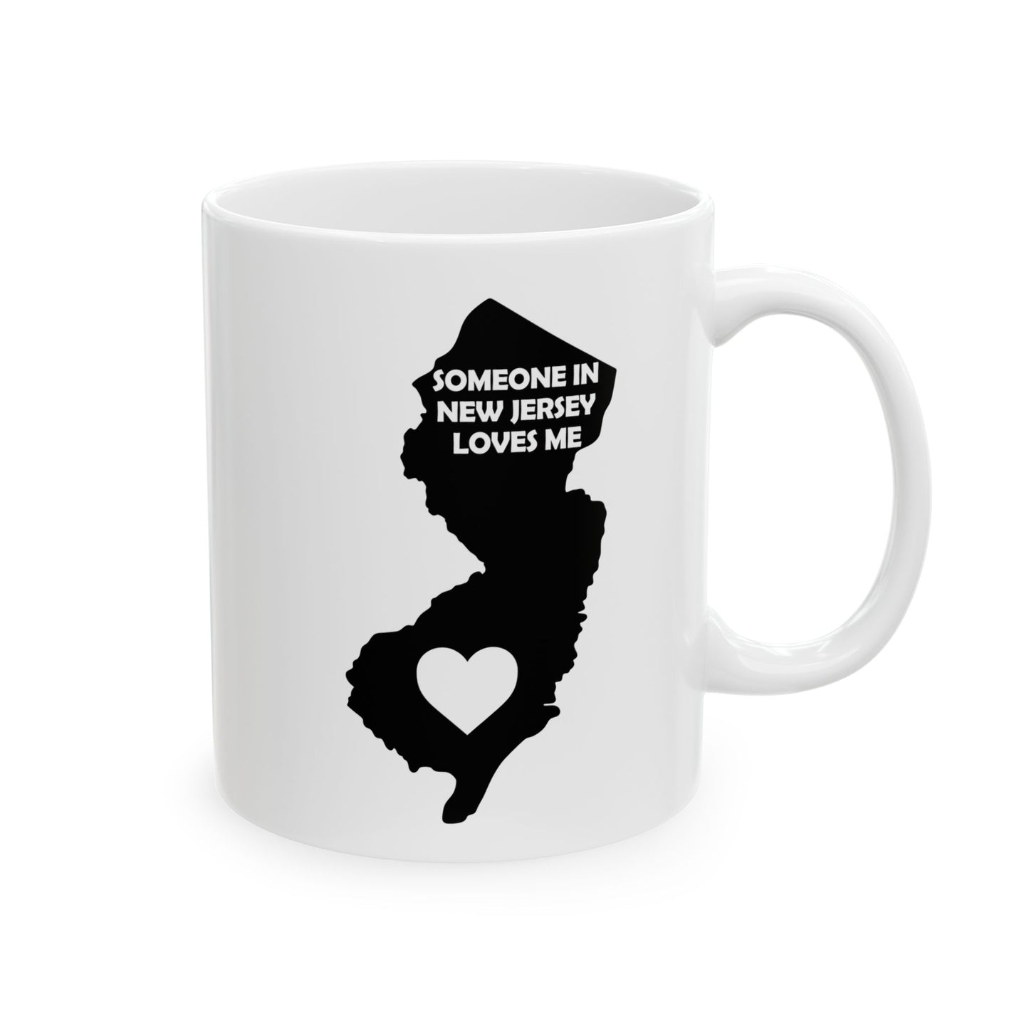 White mug with black silhouette of New Jersey and text 'Someone in New Jersey loves me' on a white background