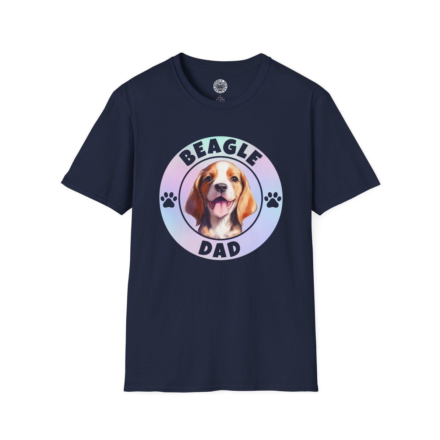 Navy blue t-shirt with a beagle graphic and 'Beagle Dad' text on a white background