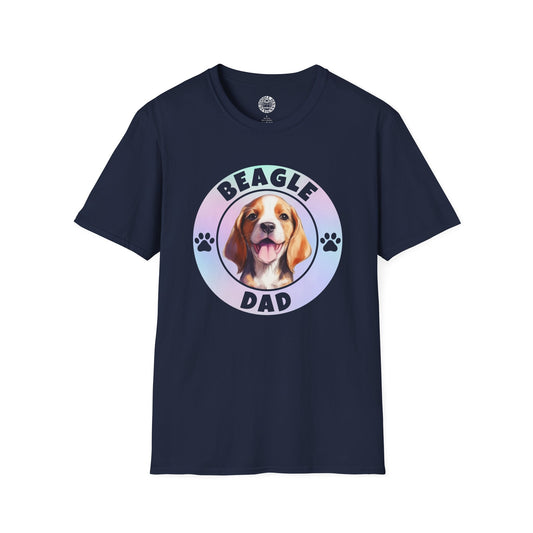 Navy blue t-shirt with a beagle graphic and 'Beagle Dad' text on a white background