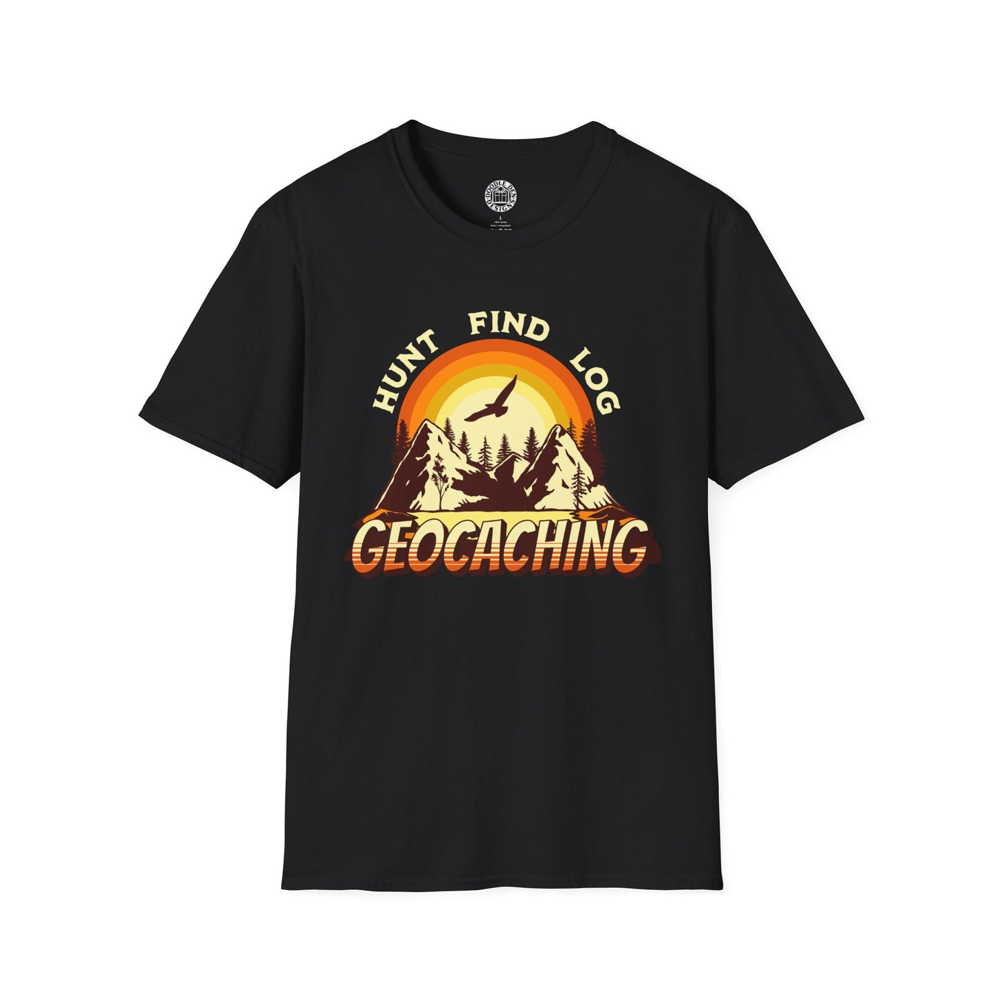 Black t-shirt with 'Geocaching' graphic design on a white background