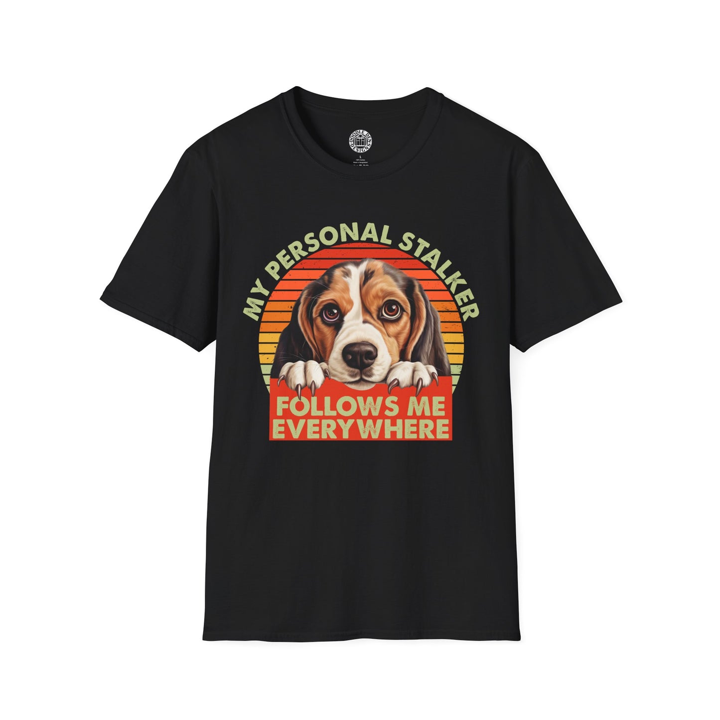 Black t-shirt with a Beagle dog graphic and text on a white background