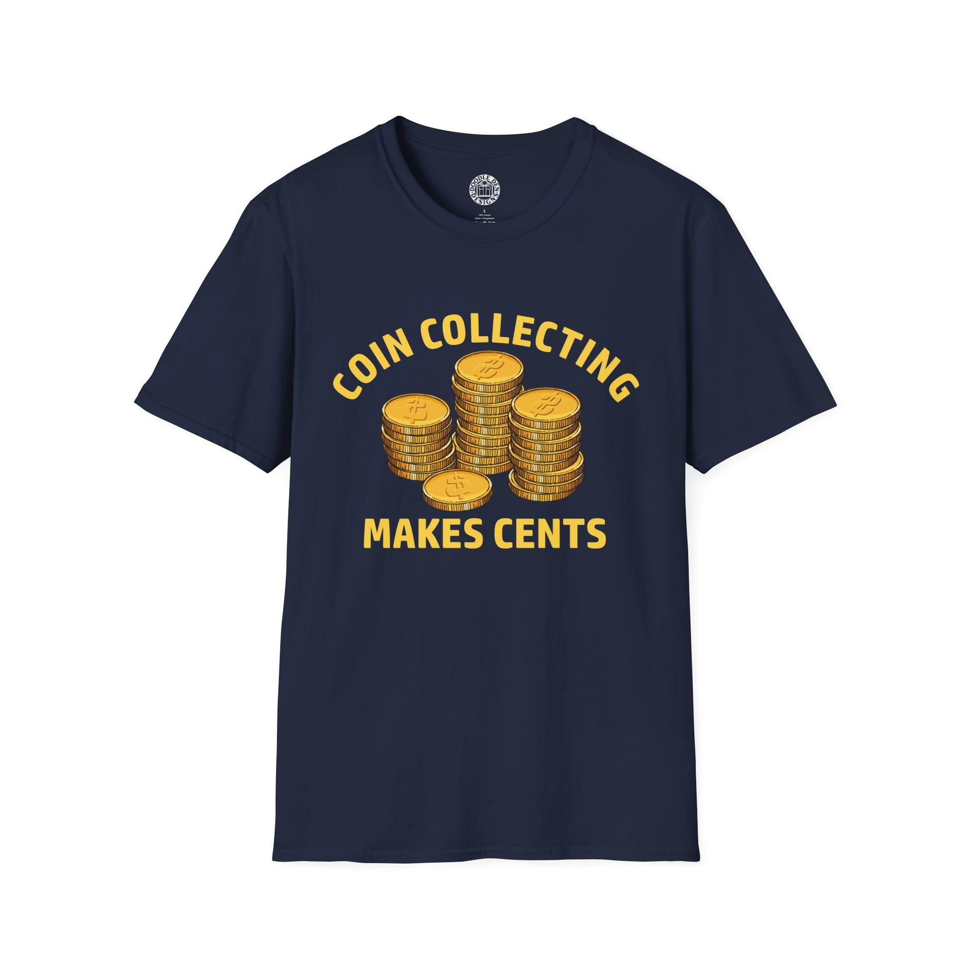 Navy blue t-shirt with gold coins and text on a white background for Numismatist coin collector