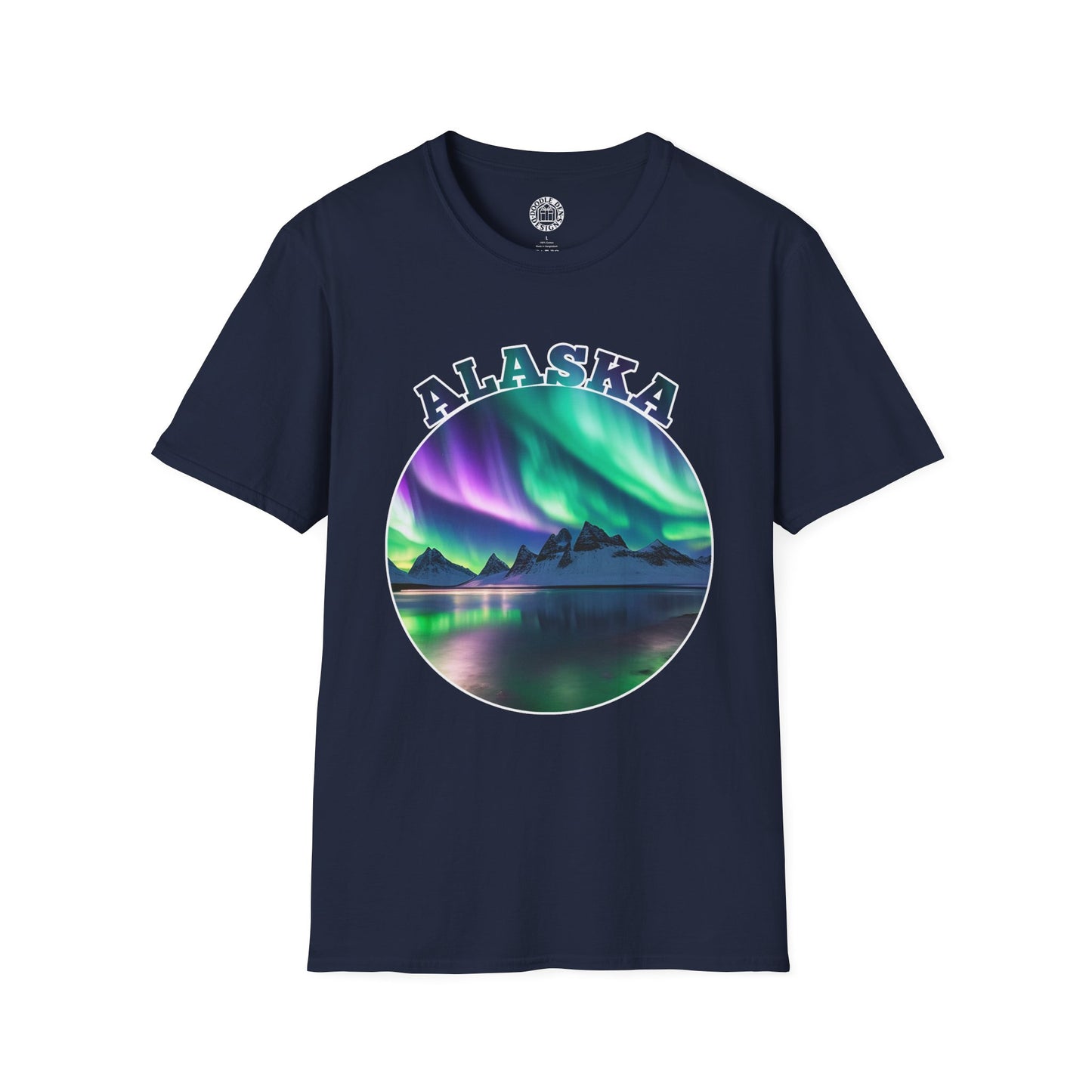 Navy blue t-shirt with Alaska graphic design featuring Northern Lights over a lake on a white background