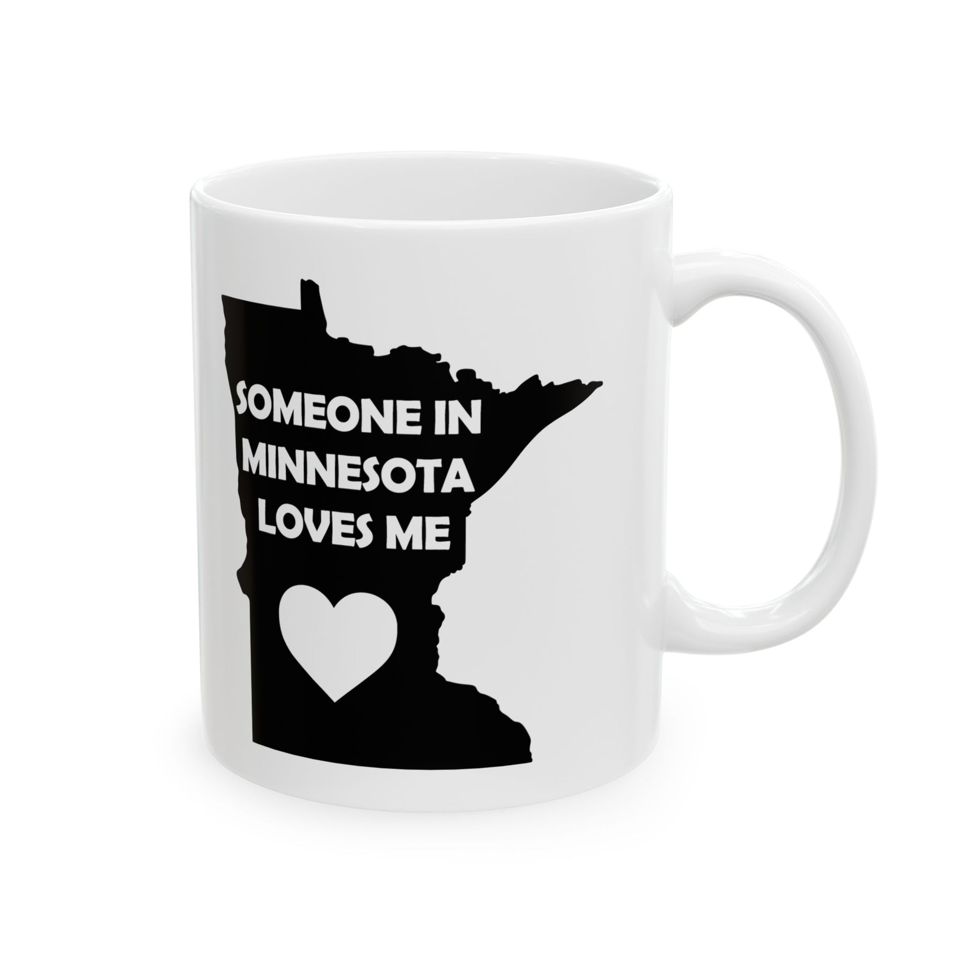 White mug with black silhouette of Minnesota and text 'Someone in Minnesota loves me' on a white background