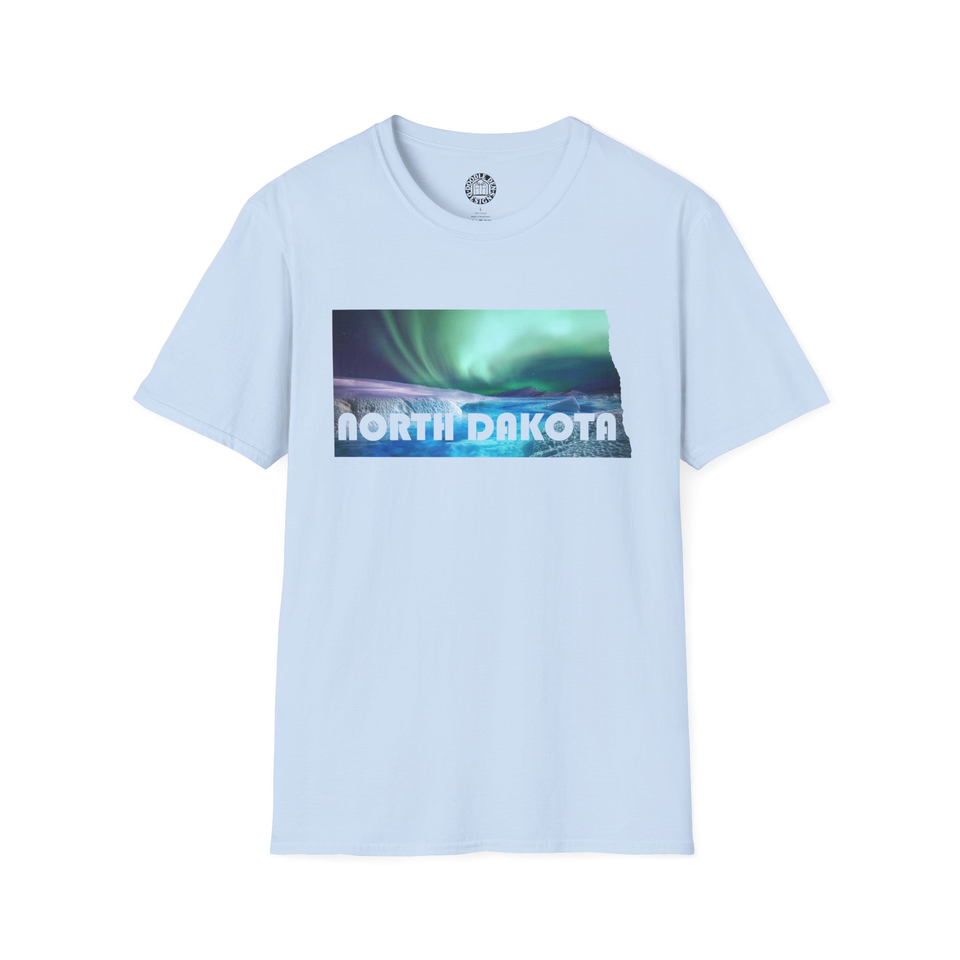 Light blue t-shirt with 'North Dakota' graphic on a white background