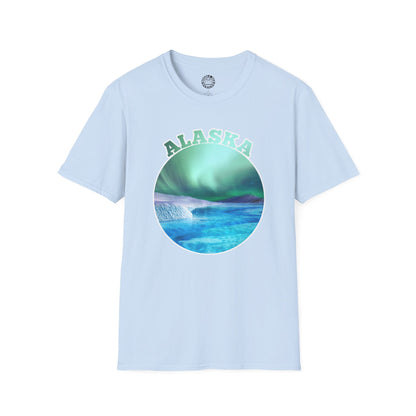Light blue t-shirt with 'Alaska' graphic design on a white background northern lights aurora borealis